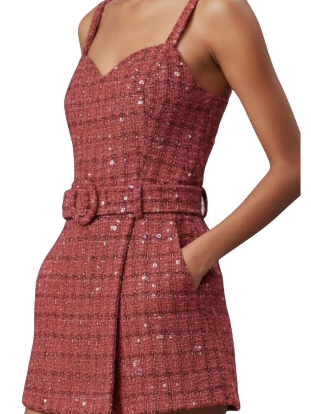 Sequined Tweed Belted Romper in Dusty Rose